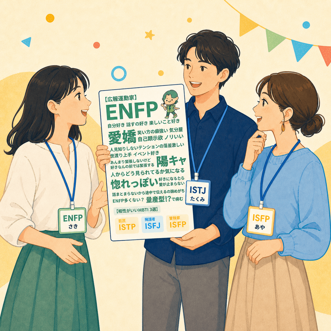 MBTIの特徴カードを見せながら会話するイラスト